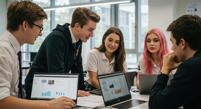 Students collaborating on laptops in a bright modern classroom