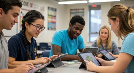 Students collaborating on tablets in a classroom