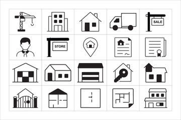 Real Estate and Property Black and White Vector Icon Set – Minimal Line Housing, Building, and Mortgage Icons