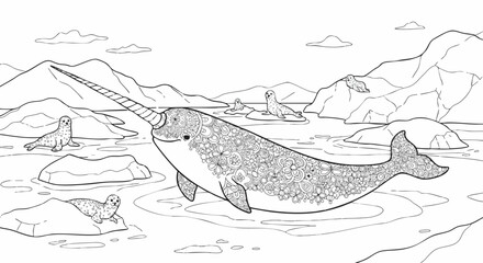 Detailed arctic animal coloring page featuring a zentangle narwhal and seals on ice floes, a vector line art illustration for creative activity. © Abu El Mahfouz