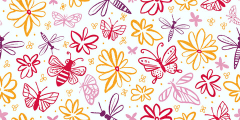 Colorful Butterflies, Bees, Dragonflies & Flowers Seamless Pattern