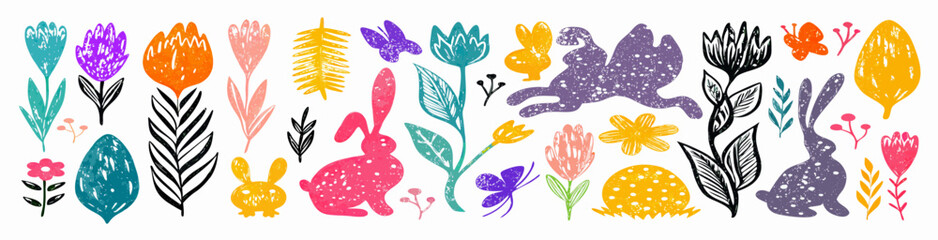 Easter Bunny & Spring Flowers Clipart Set: Colorful Hand-Drawn Illustrations