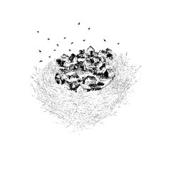 Obraz premium A whimsical sketch of a village nestled within a swirling vortex with birds flying above it all