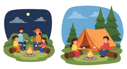 Family Camping Trip Illustration Depicting Day and Night Activities, Perfect for Promoting Outdoor Recreation, Family Vacations, and Summer Camp Programs