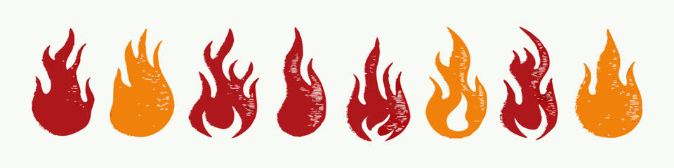Red and Orange Fire Flame Icons Set:  Grunge Texture