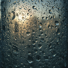 Closeup of water droplets on glass window with sunlight shining through condensation