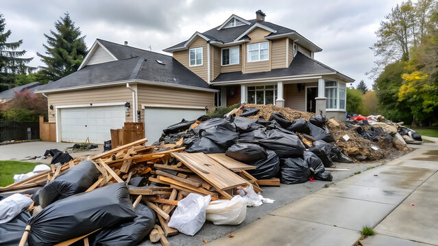 Home Renovation Debris Piled Up on Driveway of Suburban House after Construction