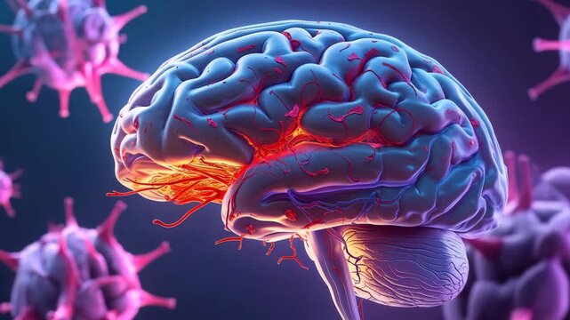 Anatomical brain illustration with red veins and virus cells on a dark purple background