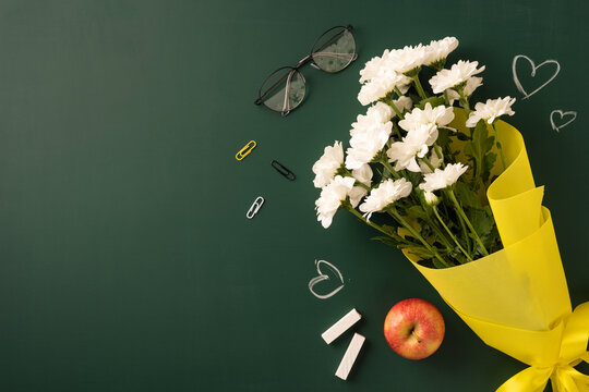 Bouquet flowers gifts apple school stationery glasses chalkboard concept teacher appreciation gratitude celebration education