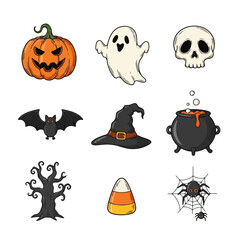 Spooky Halloween Elements Collection Featuring Pumpkin, Ghost, Bat, and Witch Hat for Festive Design Projects and Seasonal Decorations.