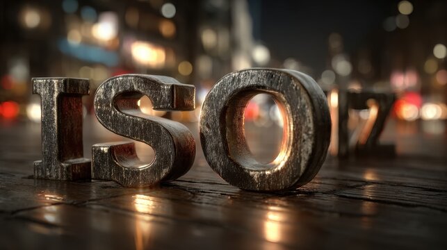 Iso letters displayed on reflective surface with blurred cityscape background in night
