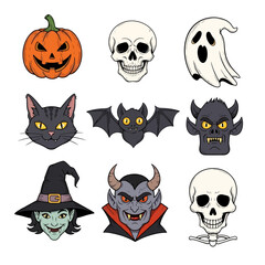 Spooky Halloween Vector Illustration Set Featuring Traditional Icons for Festive Decorations and Party Invitations, Ideal for Seasonal Graphic Design Projects