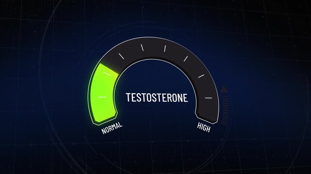 Animated testosterone level digital gauge for presentation, moving from normal to high stage, colorful man health concept background, abstract meter from green to red