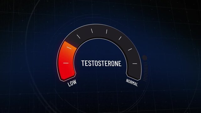 Animated digital display gauge presentation of testosterone level meter, moving from low red color to healthy normal green level, health presentation medical concept, copy space