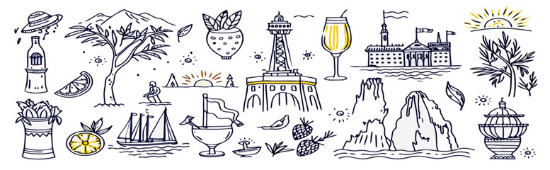 Hand-drawn illustration of coastal scenery, landmarks, drinks and food