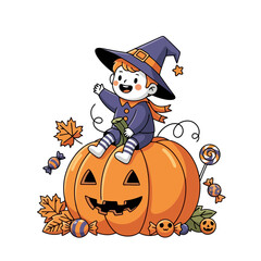 Adorable Halloween Illustration of a Child Dressed as a Wizard Sitting on a Pumpkin, Perfect for Festive Greetings and Children's Storybooks