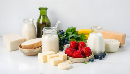 Various fresh dairy products, mindfulness theme. White tone