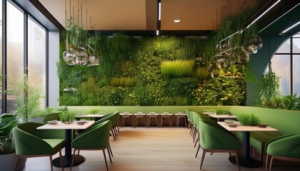 eco friendly cafe or restaurant interior with living green wall vertical garden in biophilic design style