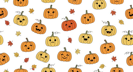 Playful Halloween Pumpkin Pattern Background with Smiling Faces and Autumn Leaves for Festive Designs and Seasonal Decorations. Ideal for digital paper, fabric design, and holiday-themed projects.