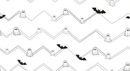 Spooky Halloween Pattern with Ghosts and Bats on Zigzag Lines for Festive Decorations and Seasonal Projects, ideal for background, wrapping paper or textile design.