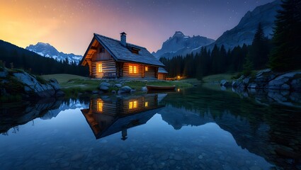 Idyllic mountain cabin reflected in a tranquil lake under a starlit night sky, creating a serene and picturesque landscape perfect for travel and nature enthusiasts