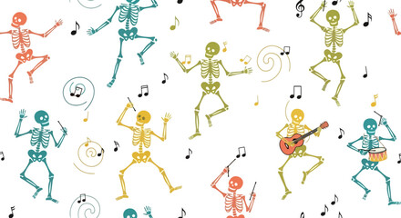 Festive Skeleton Dance Party Seamless Pattern for Halloween Celebrations and Themed Events, Ideal for Textile Design, Wrapping Paper, and Creative Digital Backgrounds