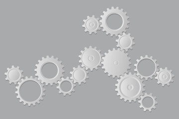 A collection of interlocking gears in varying sizes, creating a network of mechanical components. The gears are set against a grey background, suggesting unity and movement.