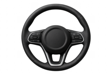 Modern car steering wheel with media control buttons on transparent background