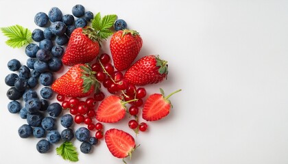 flat lay of diverse summer berries including currant blueberry and strawberry on a white background highlighting vitamin rich foods with copy space