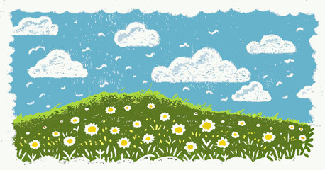 Illustrated Hilltop Daisy Meadow Spring Scene