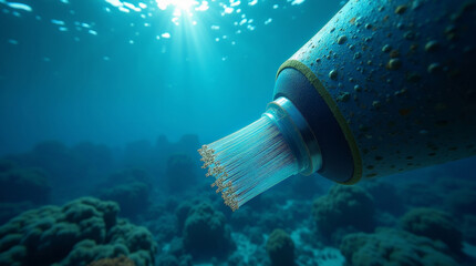 Underwater fiber optic cable with exposed glass fibers close up, subsea internet infrastructure and global data network and ocean technology