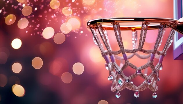a close up of a basketball hoop adorned with glittering crystals against a pink bokeh background