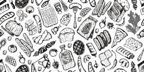 Hand-Drawn Food Seamless Pattern: Bread, Pizza, Vegetables