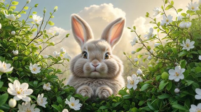 Close up of a cute bunny rabbit surrounded by white flowers and green foliage in a garden setting