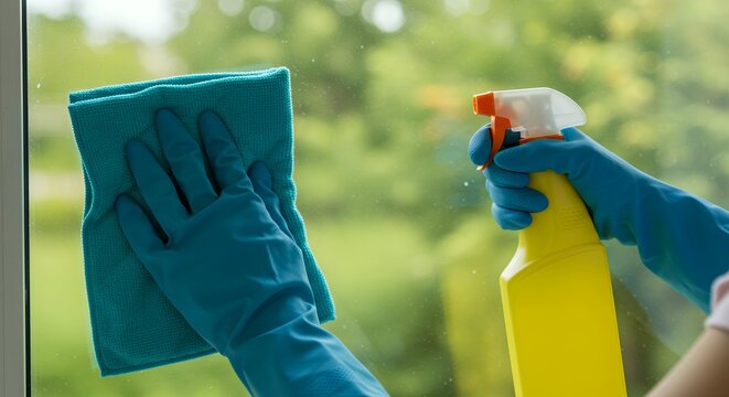 Window cleaning service worker using microfiber cloth and spray bottle for professional glass maintenance and hygiene
