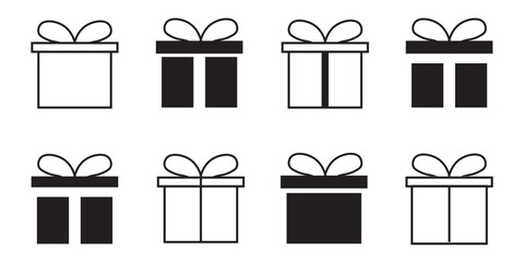 Gift box icons set. Surprising gift box symbol. Present gift box tied signs. Christmas, birthday, valentine, open, sparkle, wedding event, party, celebration, achievement success vector illustration