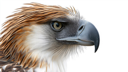Intense eye-level portrait of Philippine eagle with sharp gaze on white background with copy space