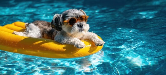 The dog lounging on a yellow inflatable float in a sparkling blue pool