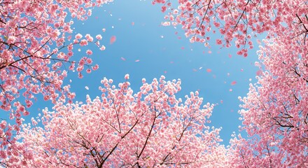 Serene cherry blossoms canopy against a clear blue sky creating floral frame
