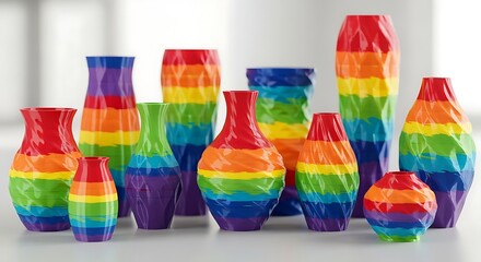 3D printed vases in rainbow swirl patterns