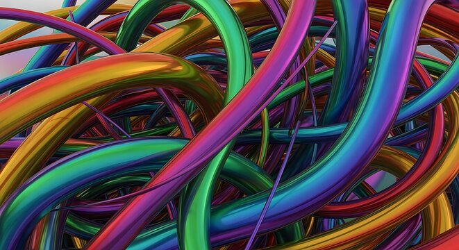 3D render of rainbow colored metallic tubes