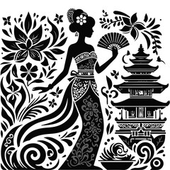 Balinese Culture Silhouette – Traditional Woman, Temple, and Floral Ornaments