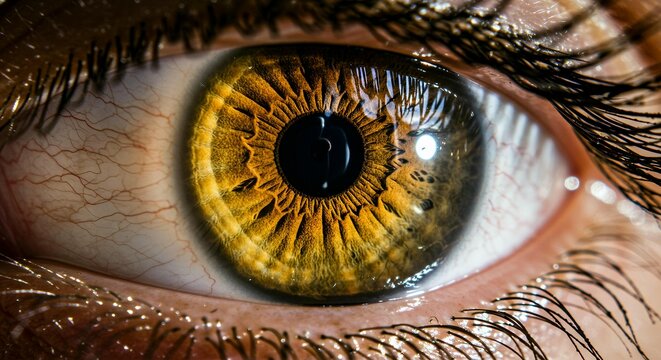 Extreme close-up macro photography of human eye with golden brown iris showing detailed texture and natural light reflections