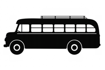 Black silhouette of vintage bus with roof rack on transparent background