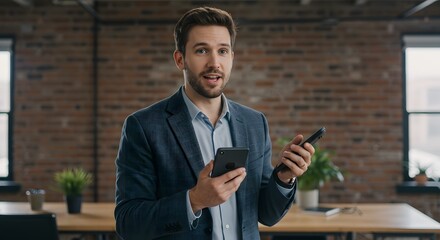 Young caucasian businessman explaining and comparing features on two different mobile phones in a modern loft office