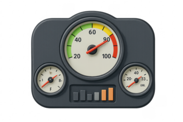 Dashboard showing fuel, speed, and temperature gauges with transparent background