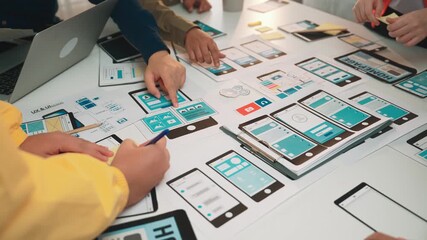 A dynamic teamwork session showcasing user interface design with mobile prototypes and devices arranged on the table, illustrating collaboration and creativity. SACTR - Powered by Adobe