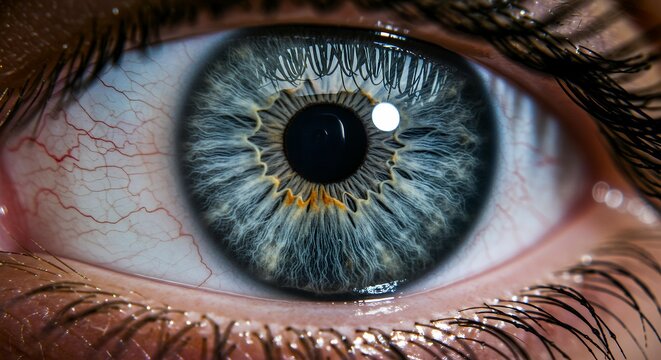 Extreme close-up macro photograph of human eye with detailed iris patterns, pupil reflection and eyelashes for medical or beauty concepts