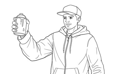 Young urban artist in a hoodie and cap holding an aerosol spray paint can, black and white line art illustration.