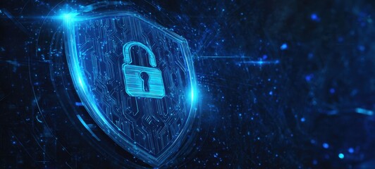 [The Digital Shield with Glowing Padlock Representing Cybersecurity and Data Protection]